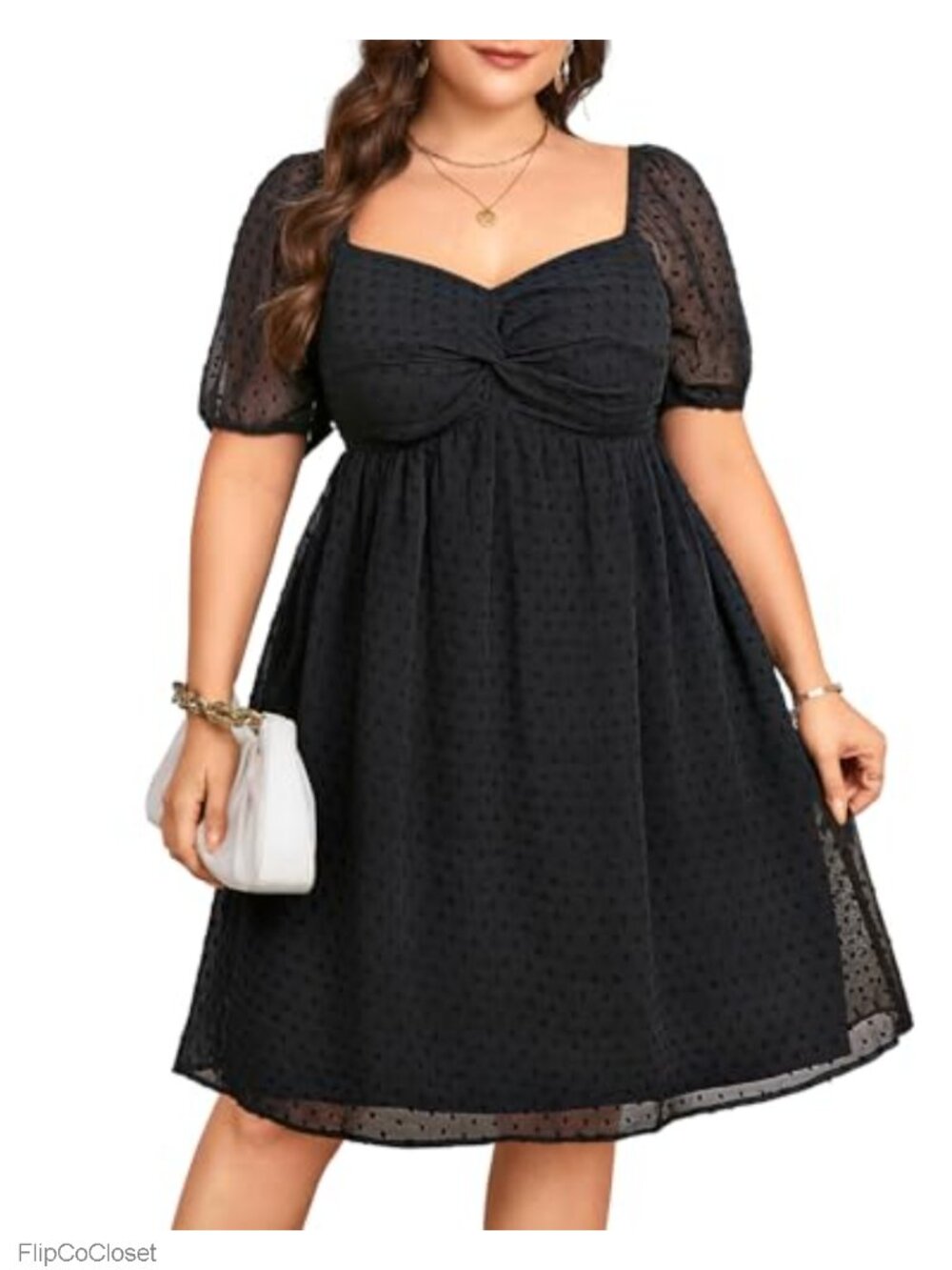 Plus Size Graduation Dress - Swiss Dot Sweetheart Neckline Puff Sleeve A-Line